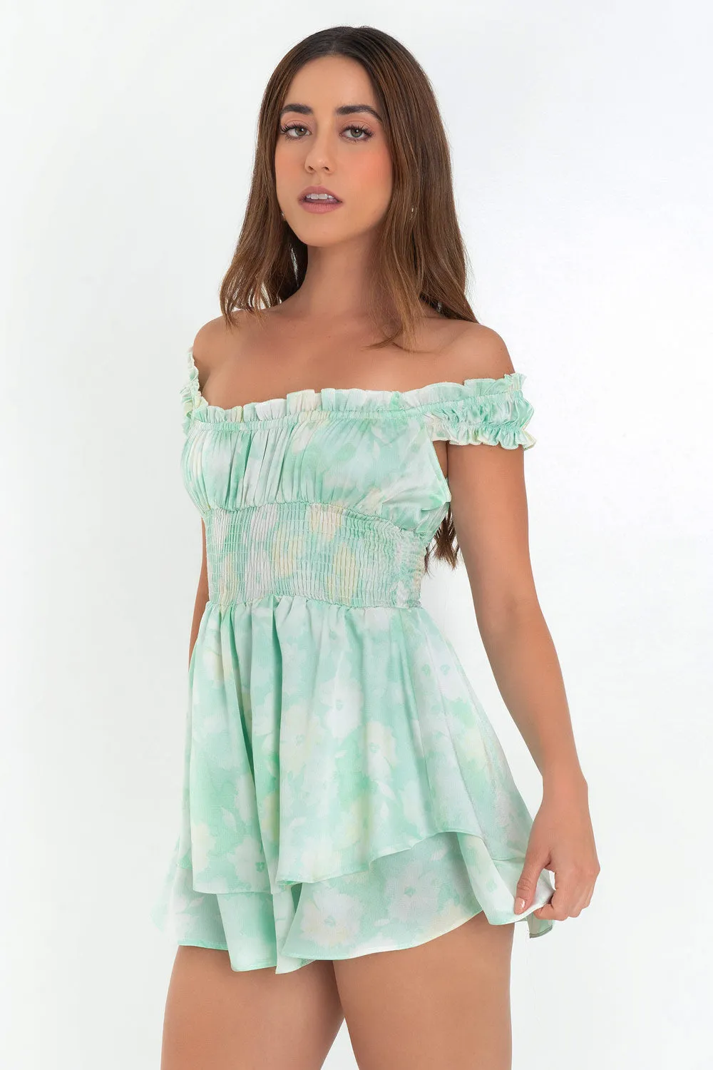 Playsuit floral cintura fruncida con olanes