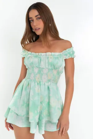 Playsuit floral cintura fruncida con olanes