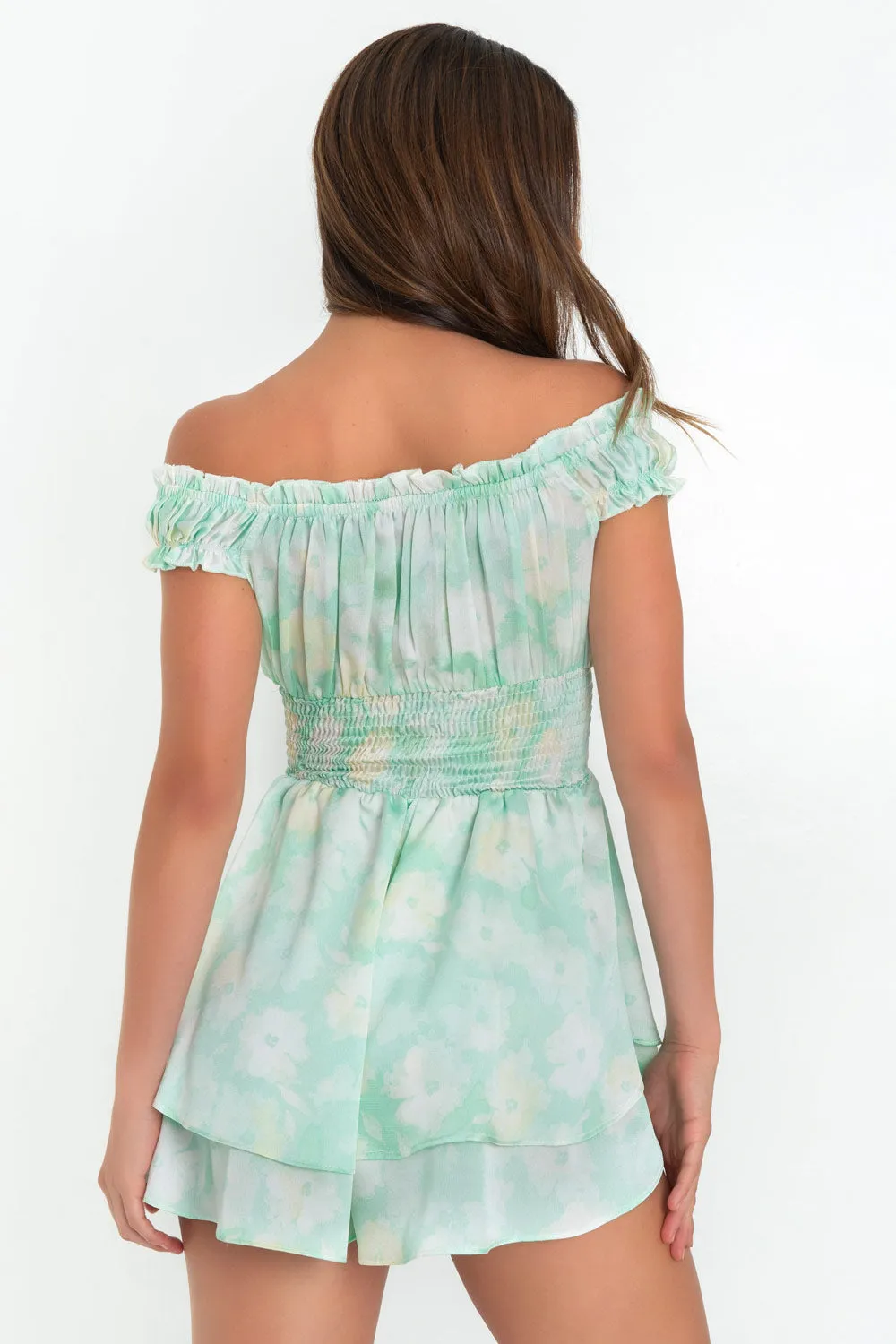Playsuit floral cintura fruncida con olanes