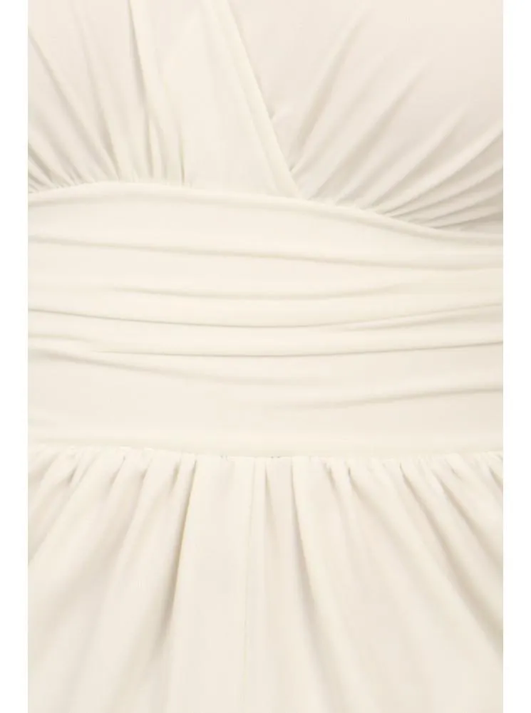 Plus Size Divine V Neck Pleated Off White Dress