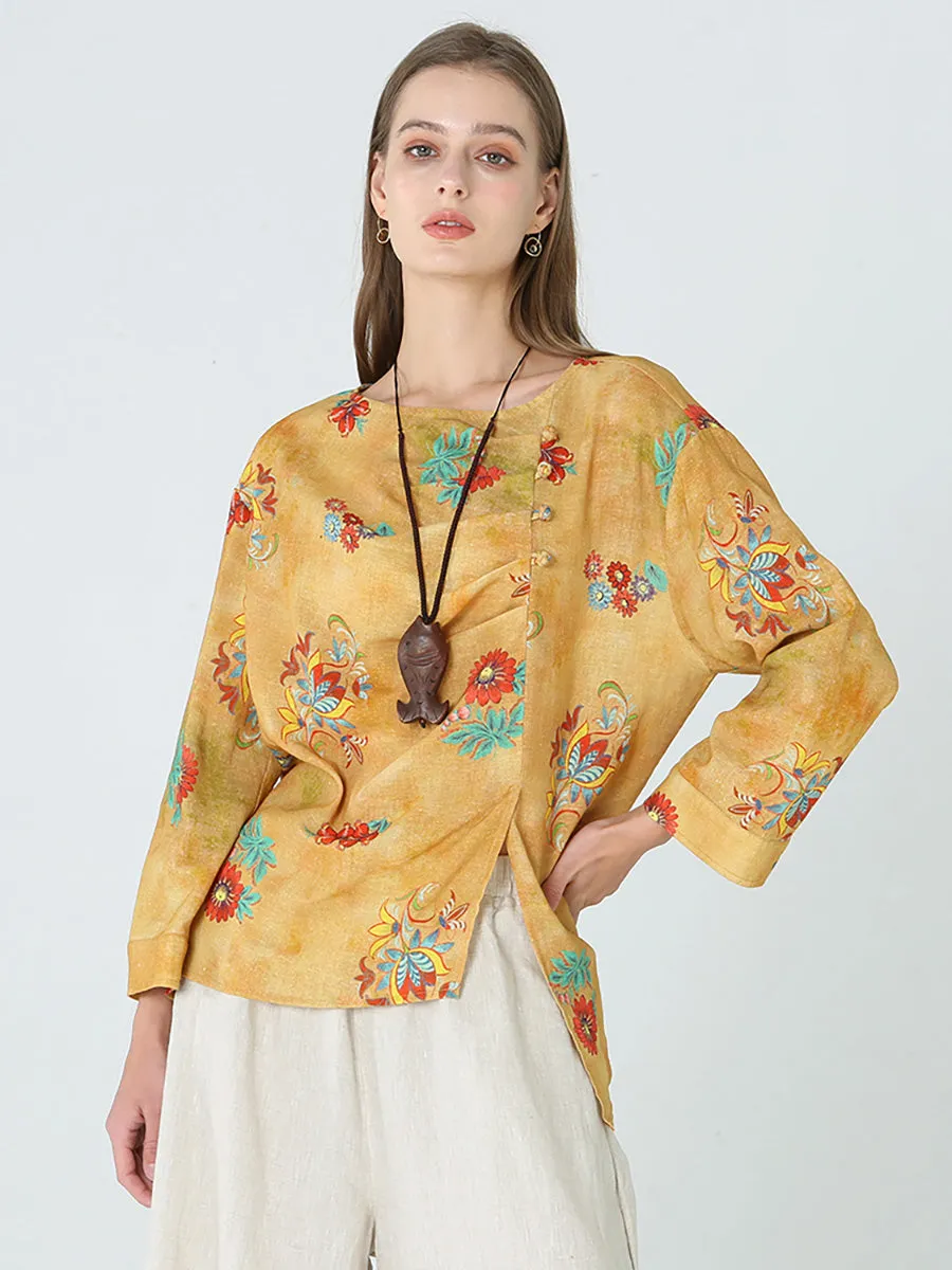 Plus Size Flower Prints Long Sleeve Spring Women Linen T-Shirt M-2XL