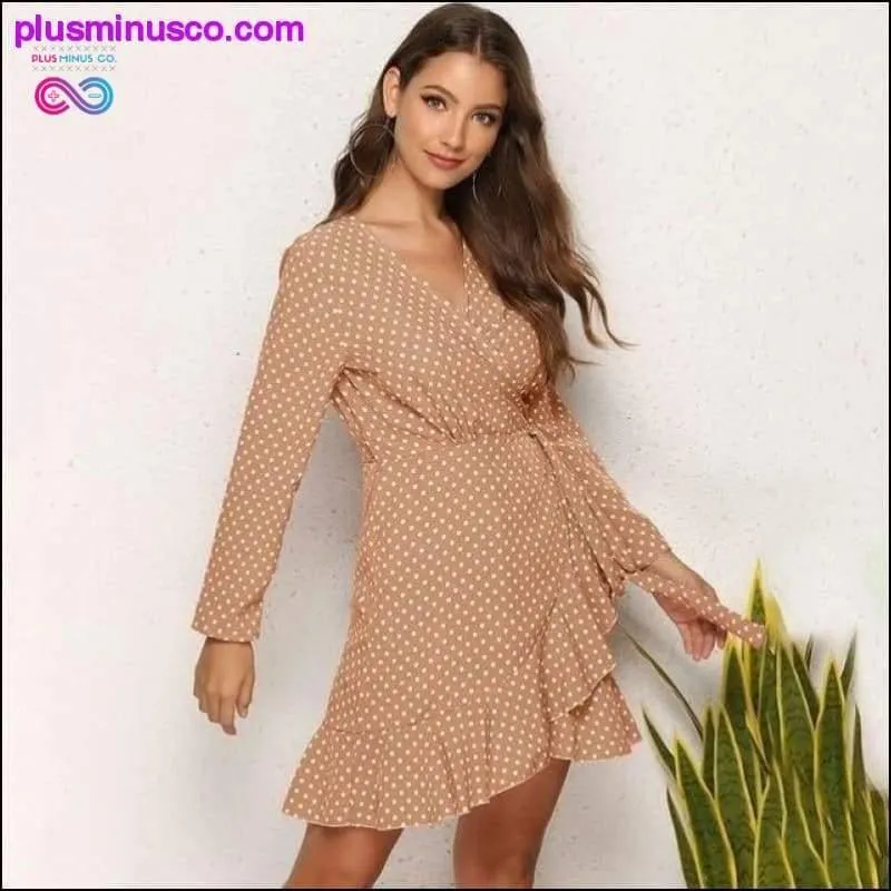 Polka Dot Ruffle Wrap Dress Women Split Long Sleeve Autumn
