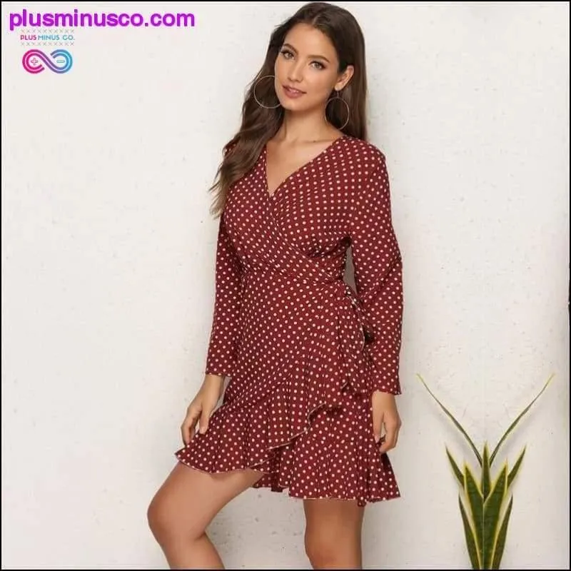 Polka Dot Ruffle Wrap Dress Women Split Long Sleeve Autumn