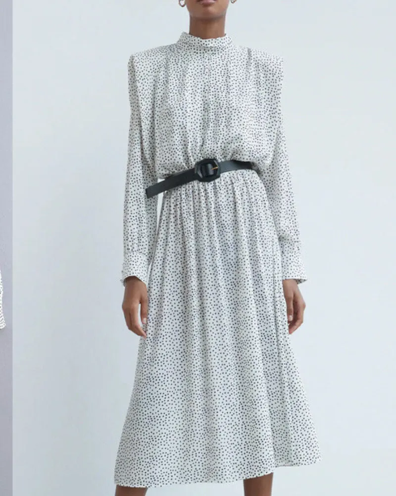 Polka Dot Shirred Frill Shoulder Pad Midi Dresses