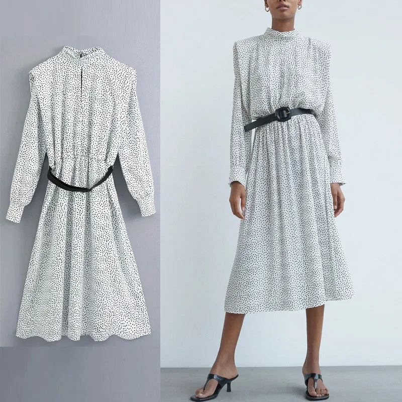 Polka Dot Shirred Frill Shoulder Pad Midi Dresses