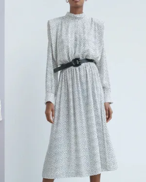 Polka Dot Shirred Frill Shoulder Pad Midi Dresses