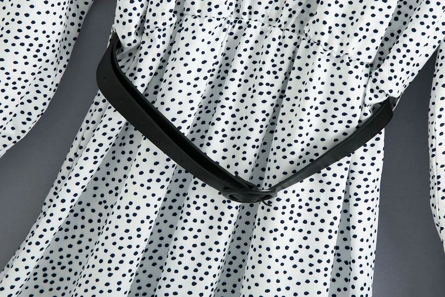 Polka Dot Shirred Frill Shoulder Pad Midi Dresses