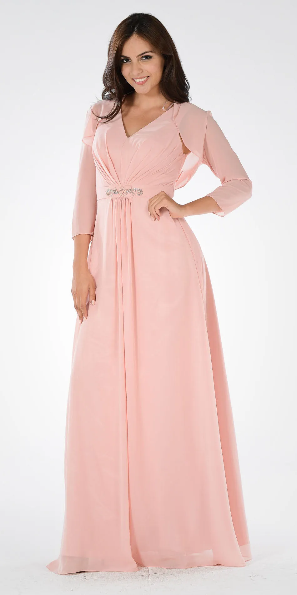 Poly USA 7770 V-Neck Shirred Bodice Embellished Waist Dress
