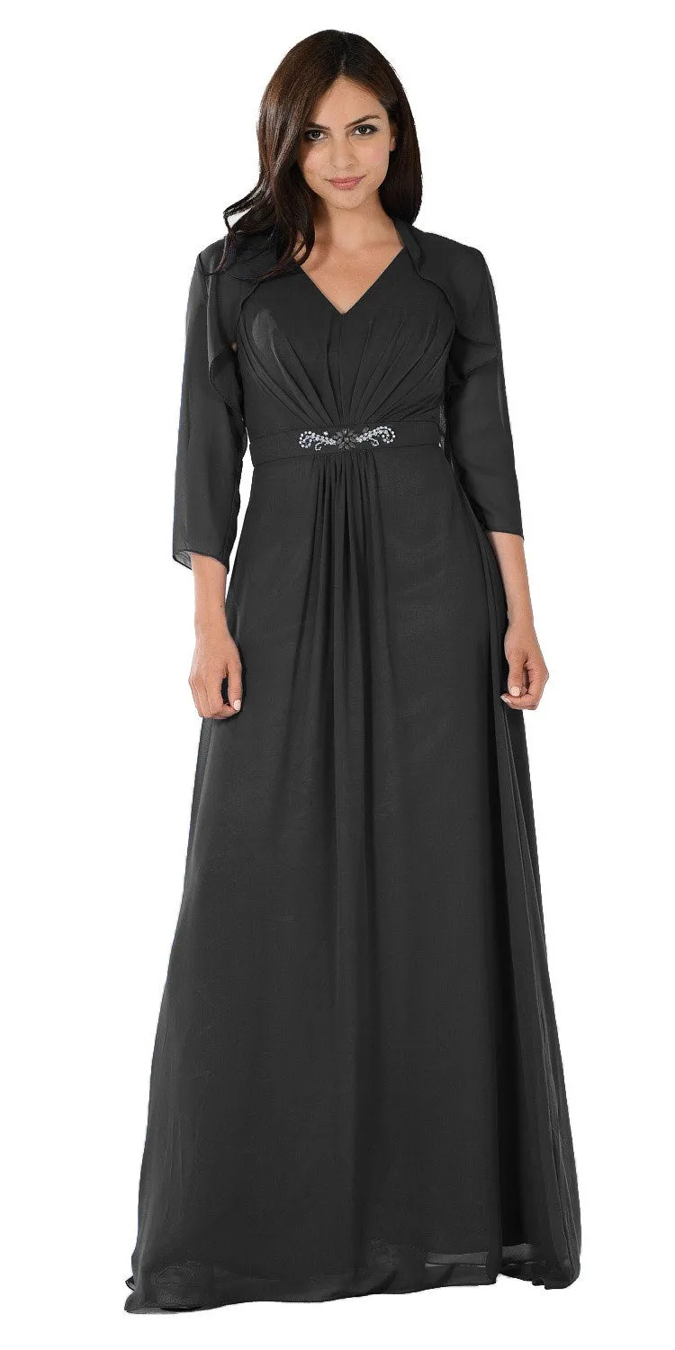 Poly USA 7770 V-Neck Shirred Bodice Embellished Waist Dress