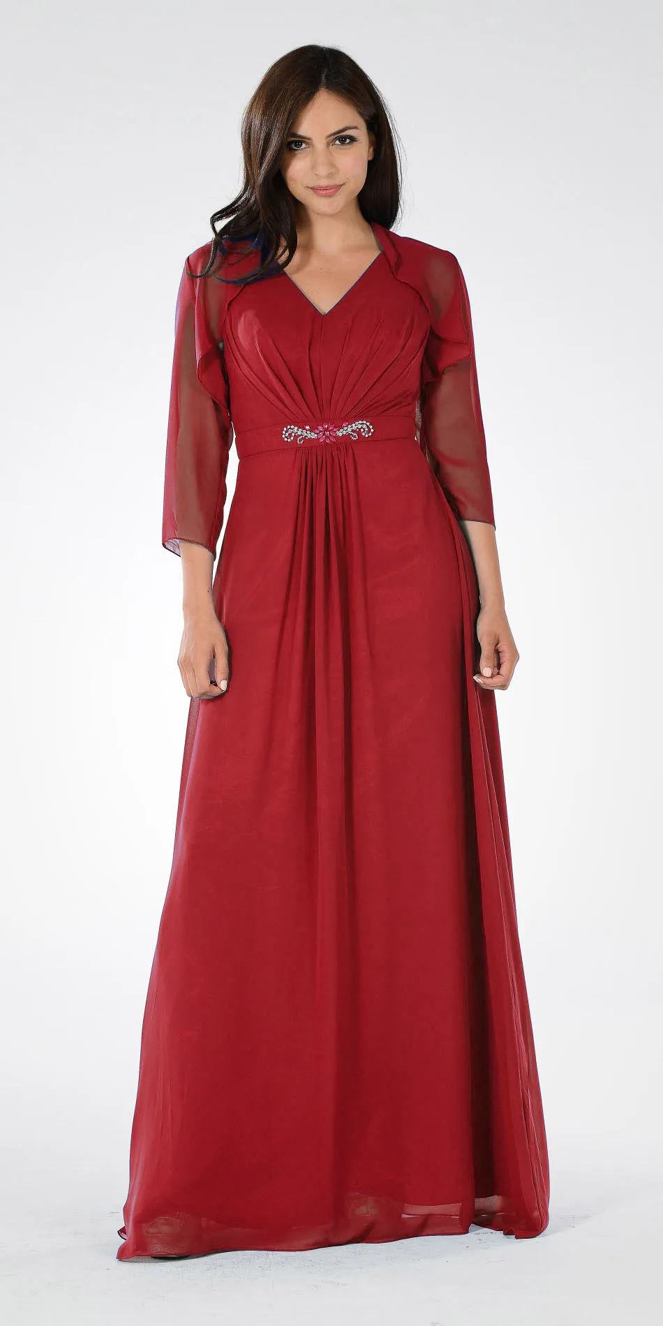 Poly USA 7770 V-Neck Shirred Bodice Embellished Waist Dress
