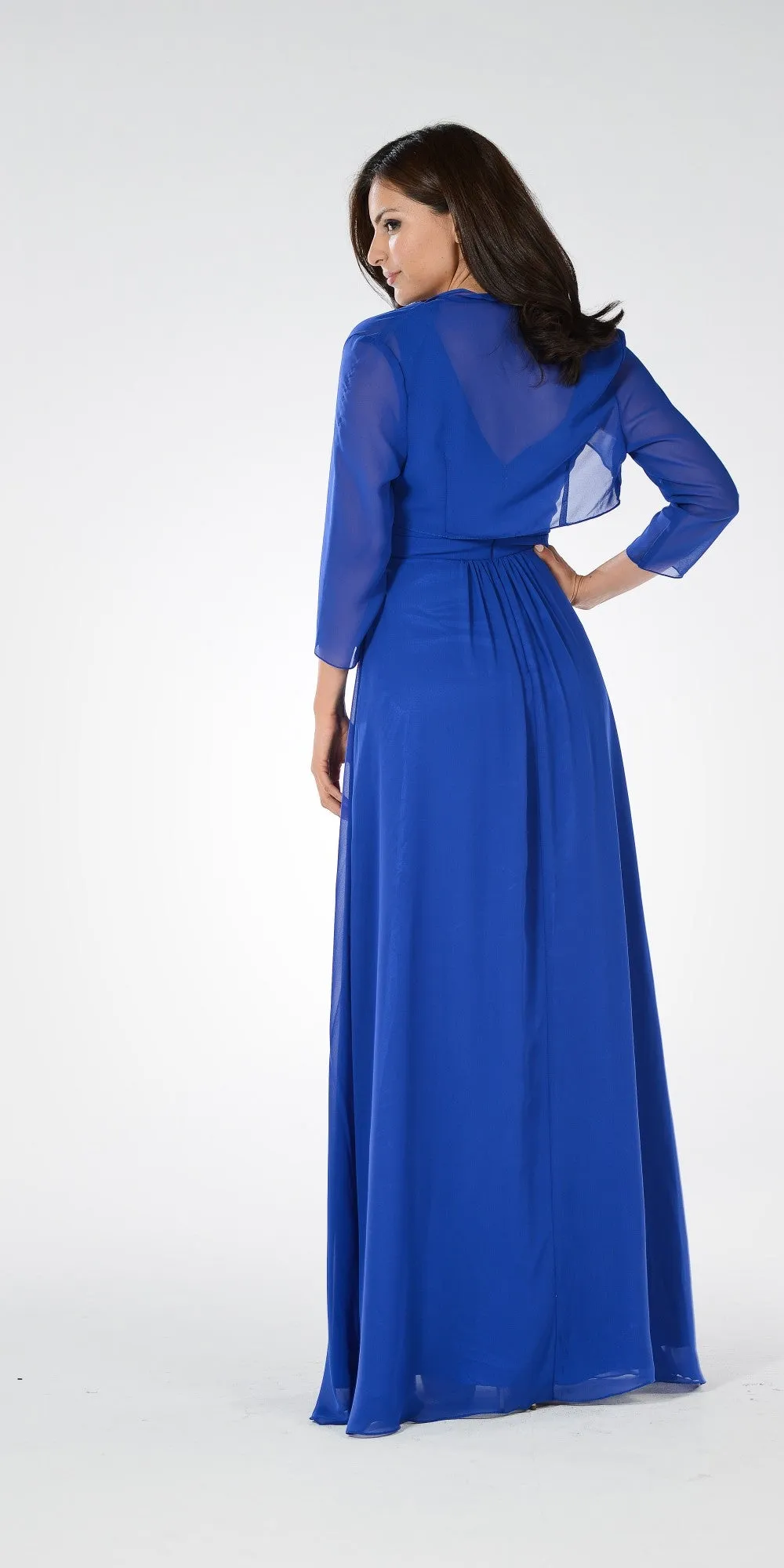 Poly USA 7770 V-Neck Shirred Bodice Embellished Waist Dress