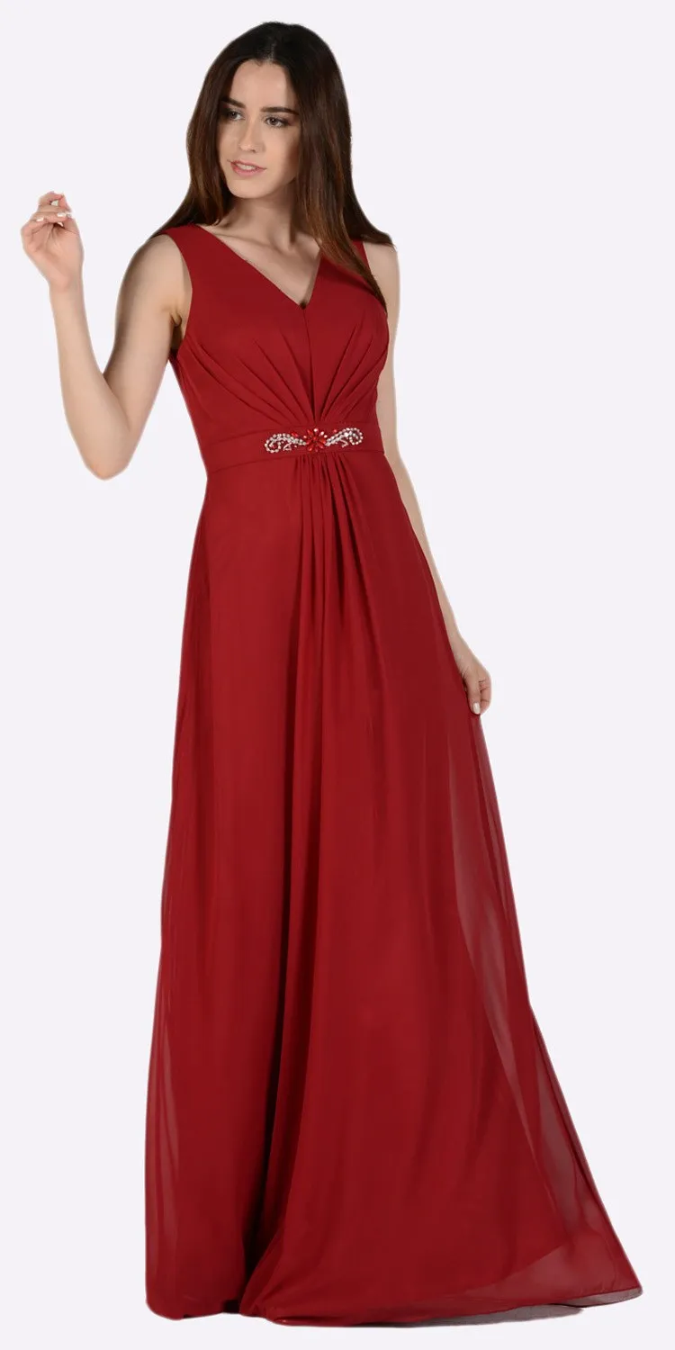 Poly USA 7770 V-Neck Shirred Bodice Embellished Waist Dress