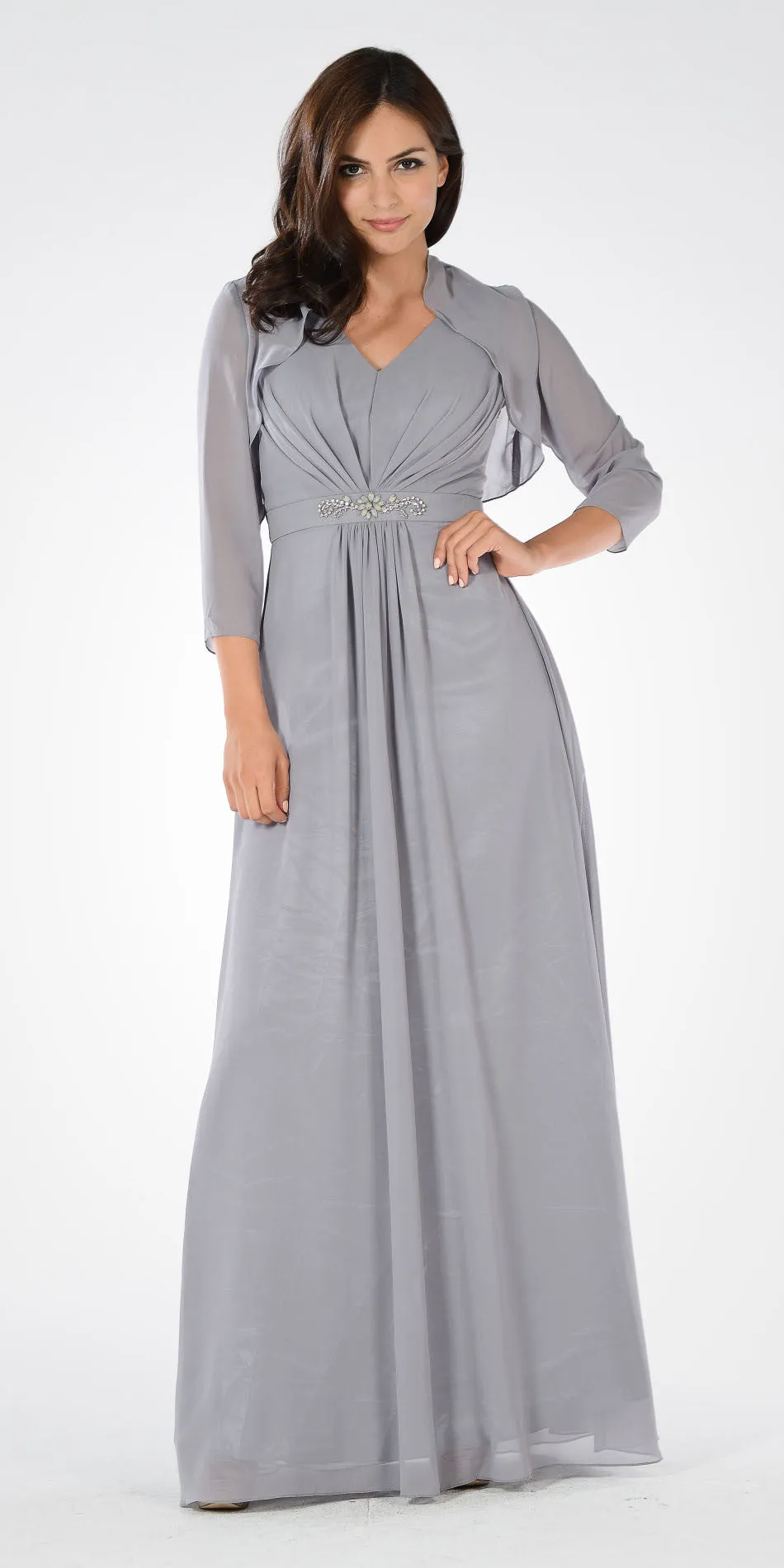 Poly USA 7770 V-Neck Shirred Bodice Embellished Waist Dress