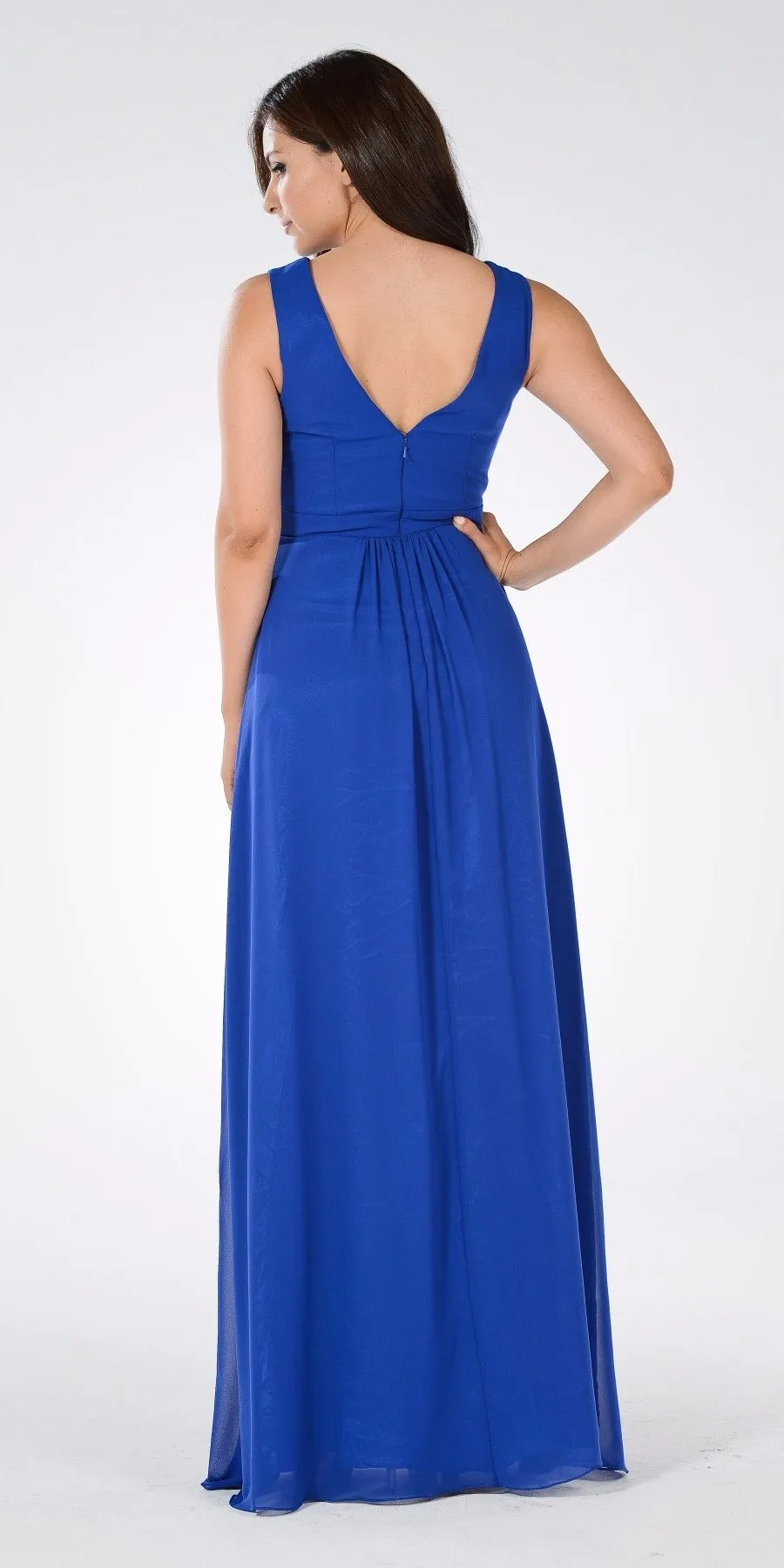 Poly USA 7770 V-Neck Shirred Bodice Embellished Waist Dress