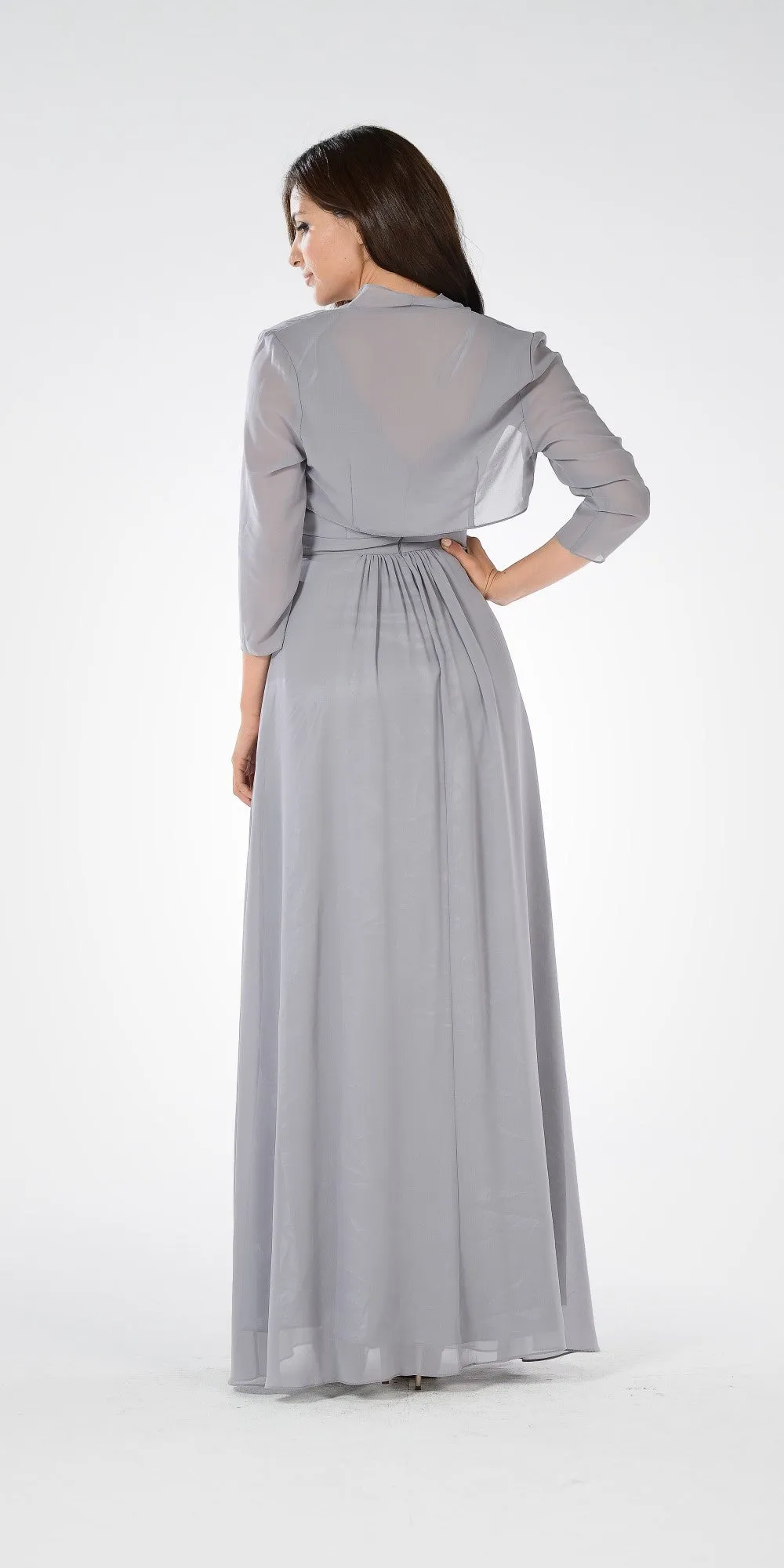 Poly USA 7770 V-Neck Shirred Bodice Embellished Waist Dress