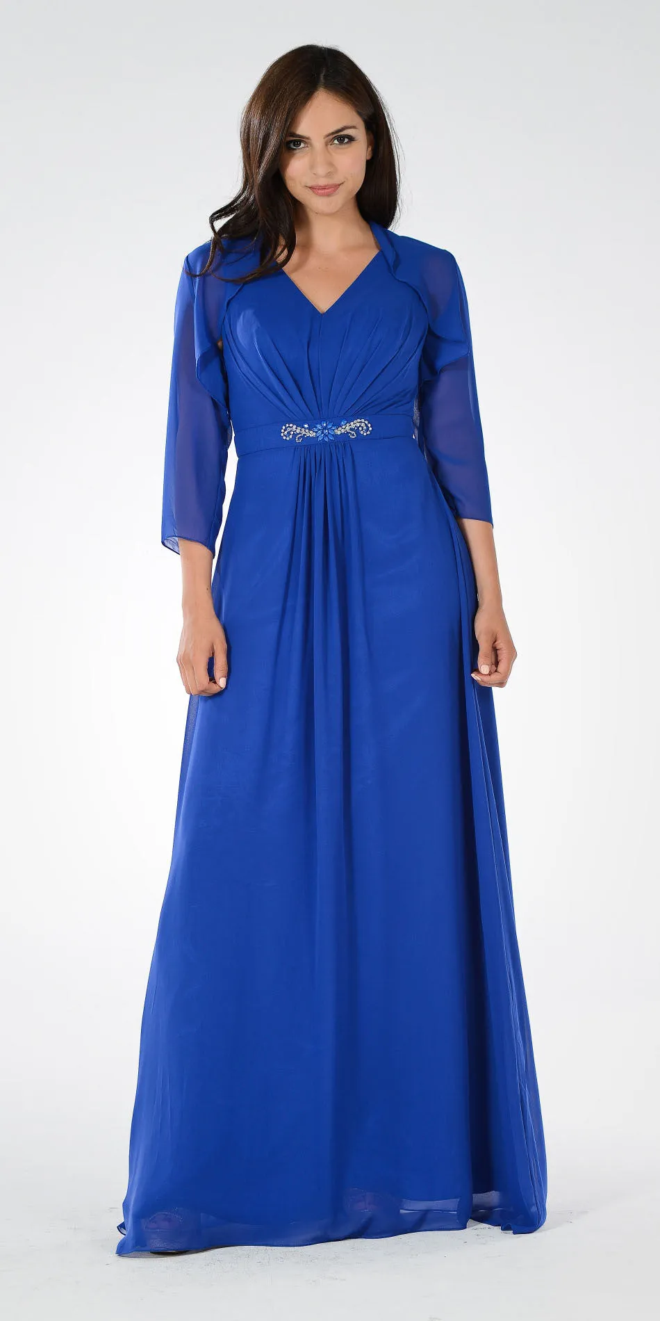 Poly USA 7770 V-Neck Shirred Bodice Embellished Waist Dress