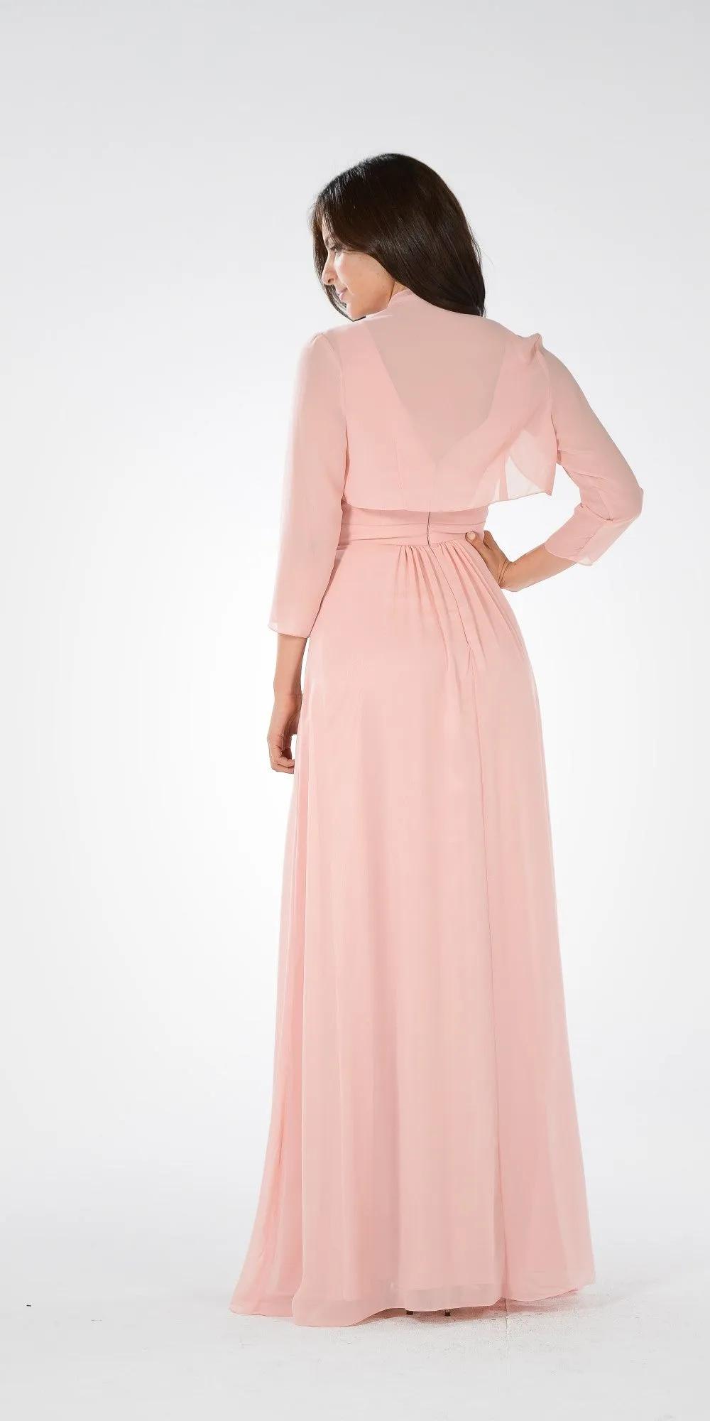 Poly USA 7770 V-Neck Shirred Bodice Embellished Waist Dress