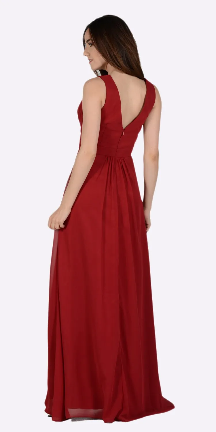 Poly USA 7770 V-Neck Shirred Bodice Embellished Waist Dress