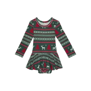 Posh Peanut Long Sleeve Girls Basic Twirl Skirt Bodysuit in Holiday Fair Isle
