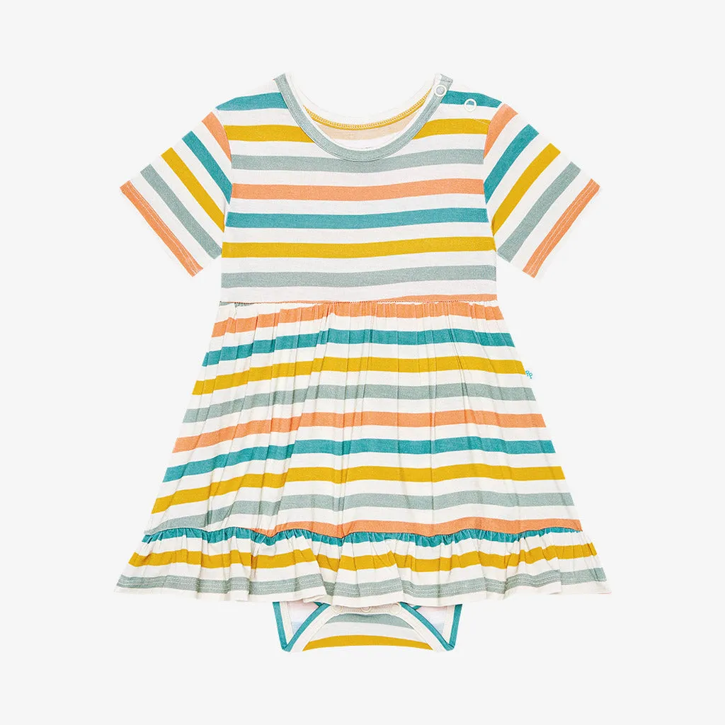 Posh Peanut Short Sleeve Ruffled Bodysuit Dress in Popsicle Stripe