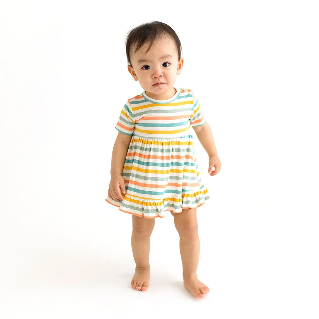Posh Peanut Short Sleeve Ruffled Bodysuit Dress in Popsicle Stripe