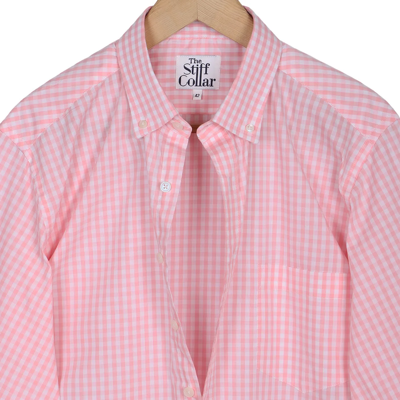 Powder Pink Gingham Check Button Down Cotton Shirt