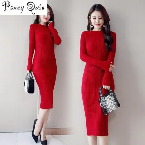 Pullover Frauen Gestrickte Lange Bodycon Kleid Winter Frau Strickjacke Bodycon OL grundlegende Kleid Elegante Frauen Pullover Kleider Vestido
