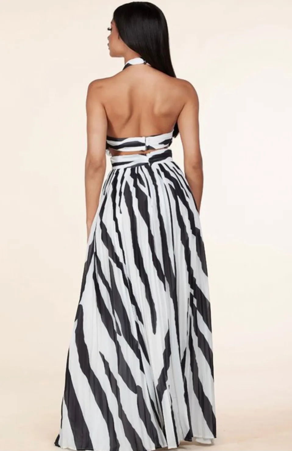 "TANZANIA" ZEBRA PRINT CUT OUT CRISSCROSS HALTER MAXI DRESS