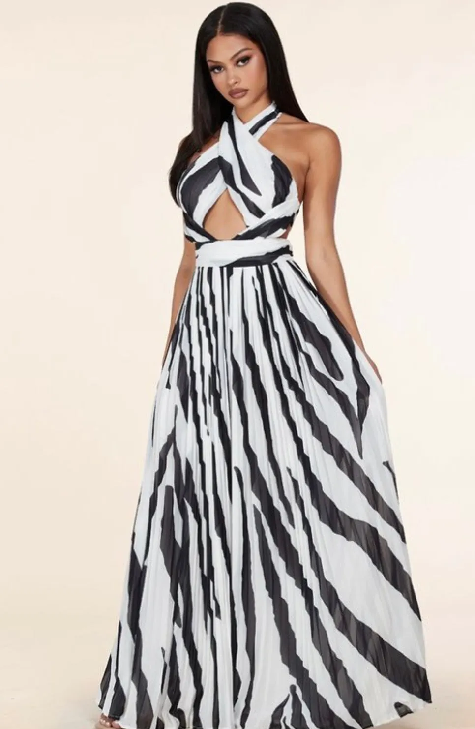 "TANZANIA" ZEBRA PRINT CUT OUT CRISSCROSS HALTER MAXI DRESS