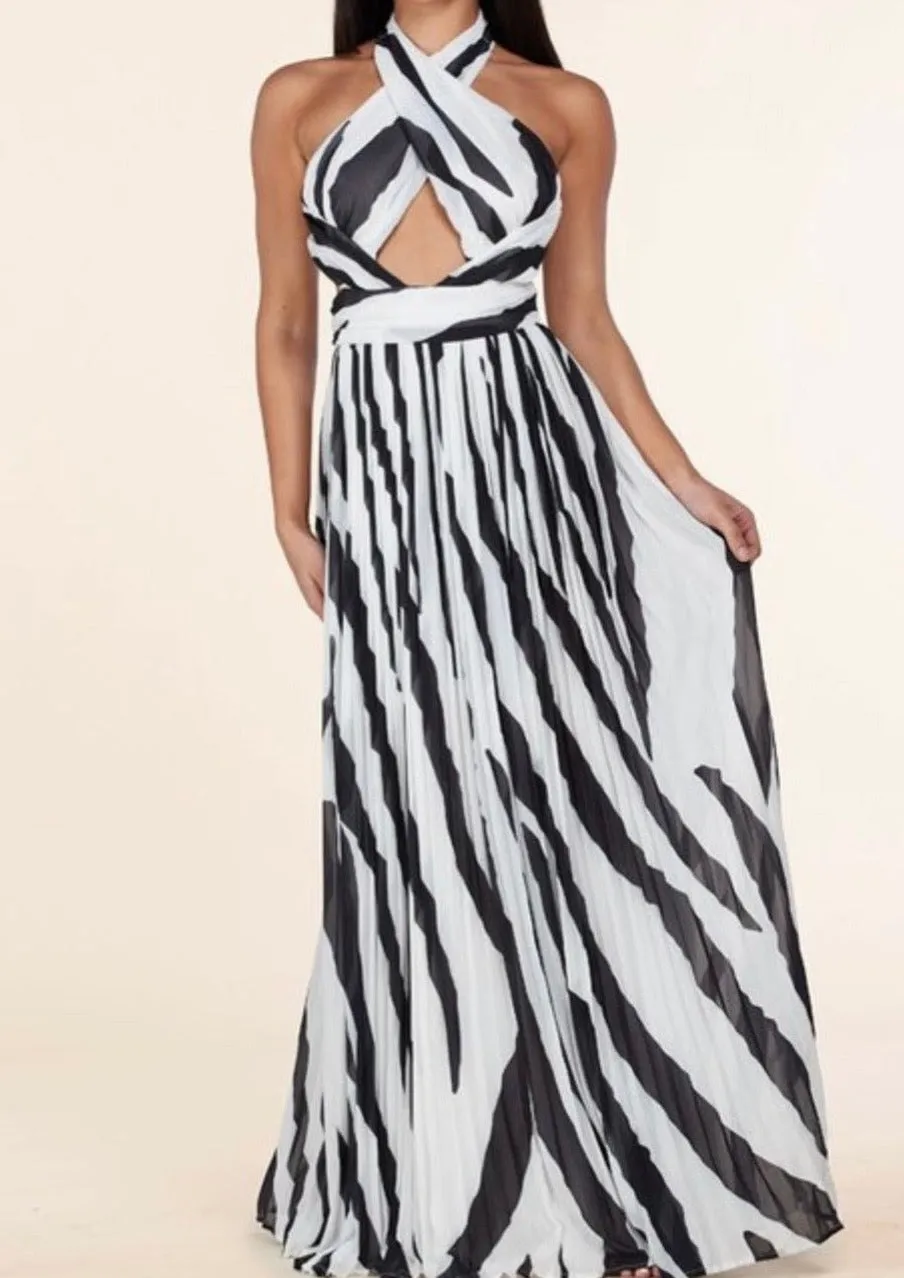 "TANZANIA" ZEBRA PRINT CUT OUT CRISSCROSS HALTER MAXI DRESS