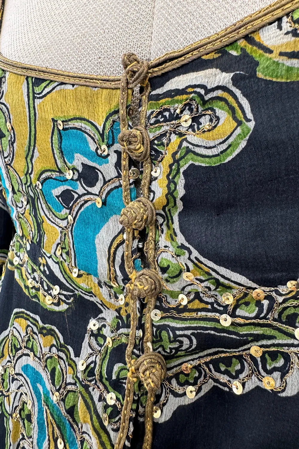 Rare 1960s Thea Porter Couture Printed Silk Chiffon Dress w Gold Sequins & Gold Metal Thread Detailing