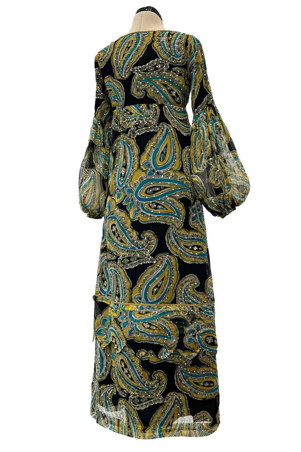 Rare 1960s Thea Porter Couture Printed Silk Chiffon Dress w Gold Sequins & Gold Metal Thread Detailing