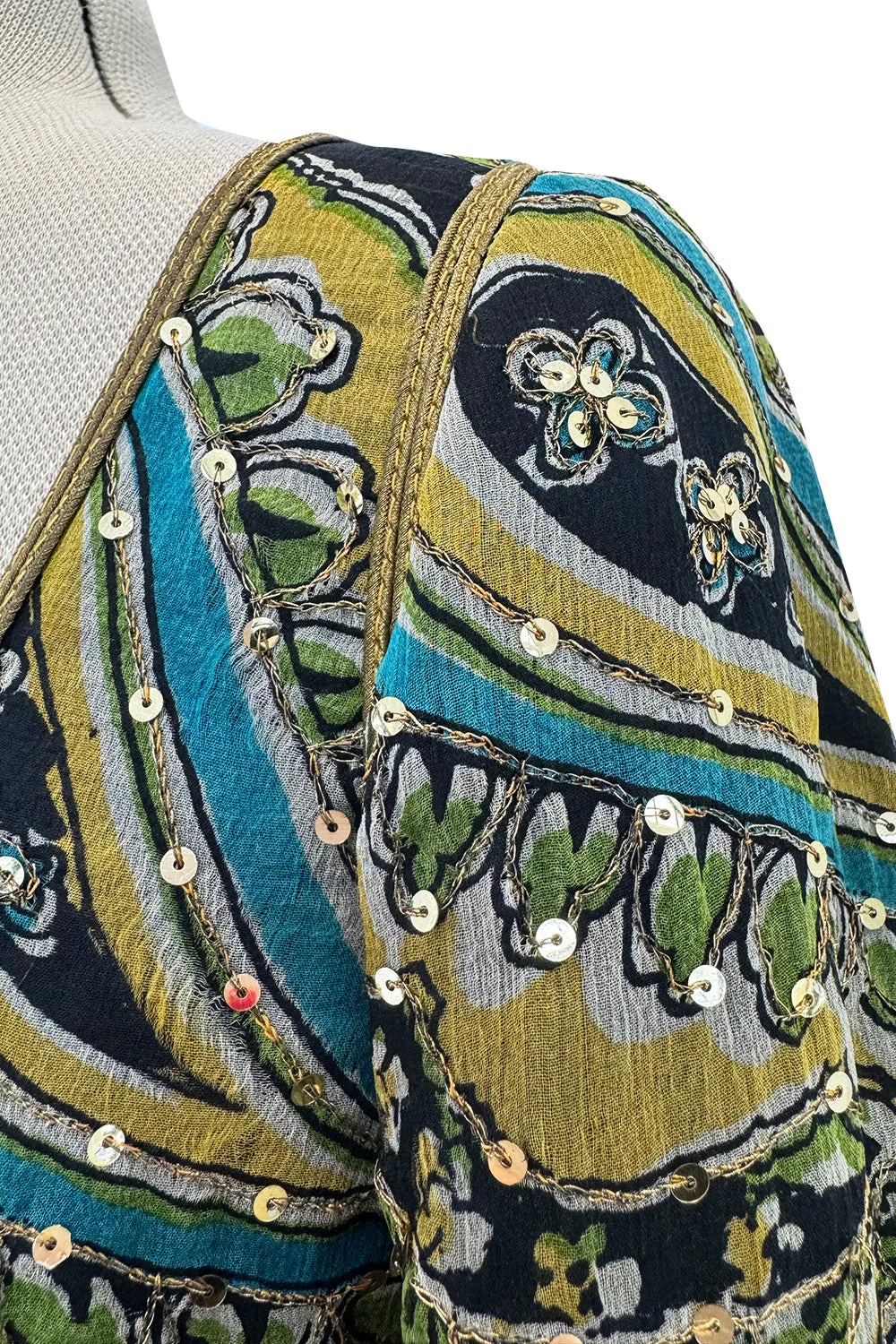 Rare 1960s Thea Porter Couture Printed Silk Chiffon Dress w Gold Sequins & Gold Metal Thread Detailing