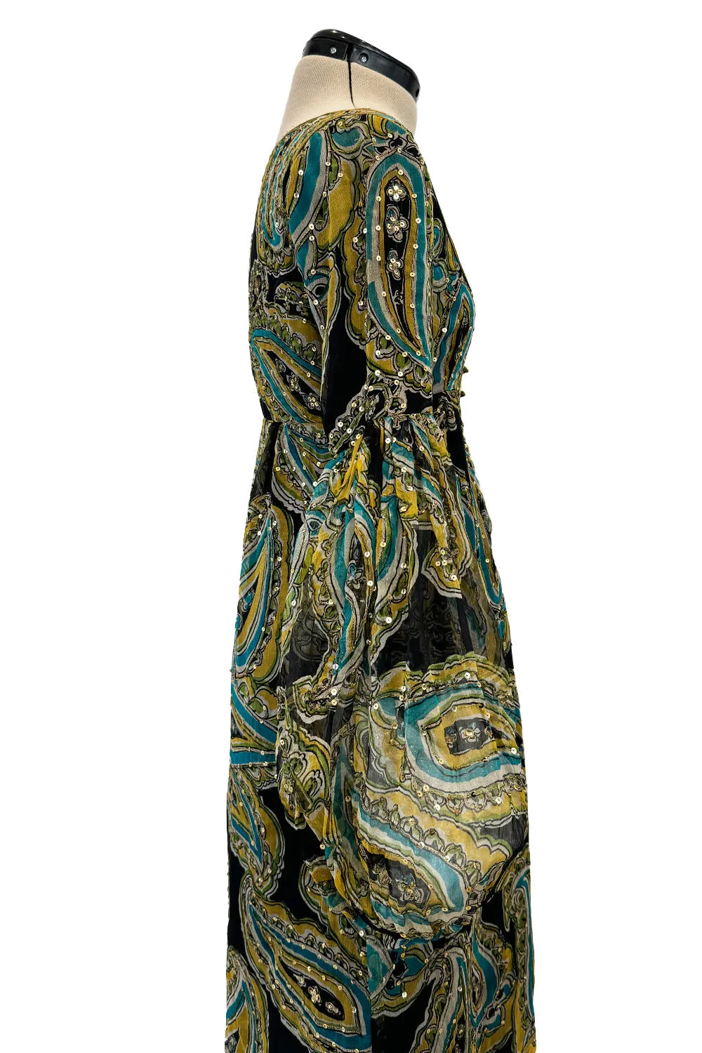 Rare 1960s Thea Porter Couture Printed Silk Chiffon Dress w Gold Sequins & Gold Metal Thread Detailing