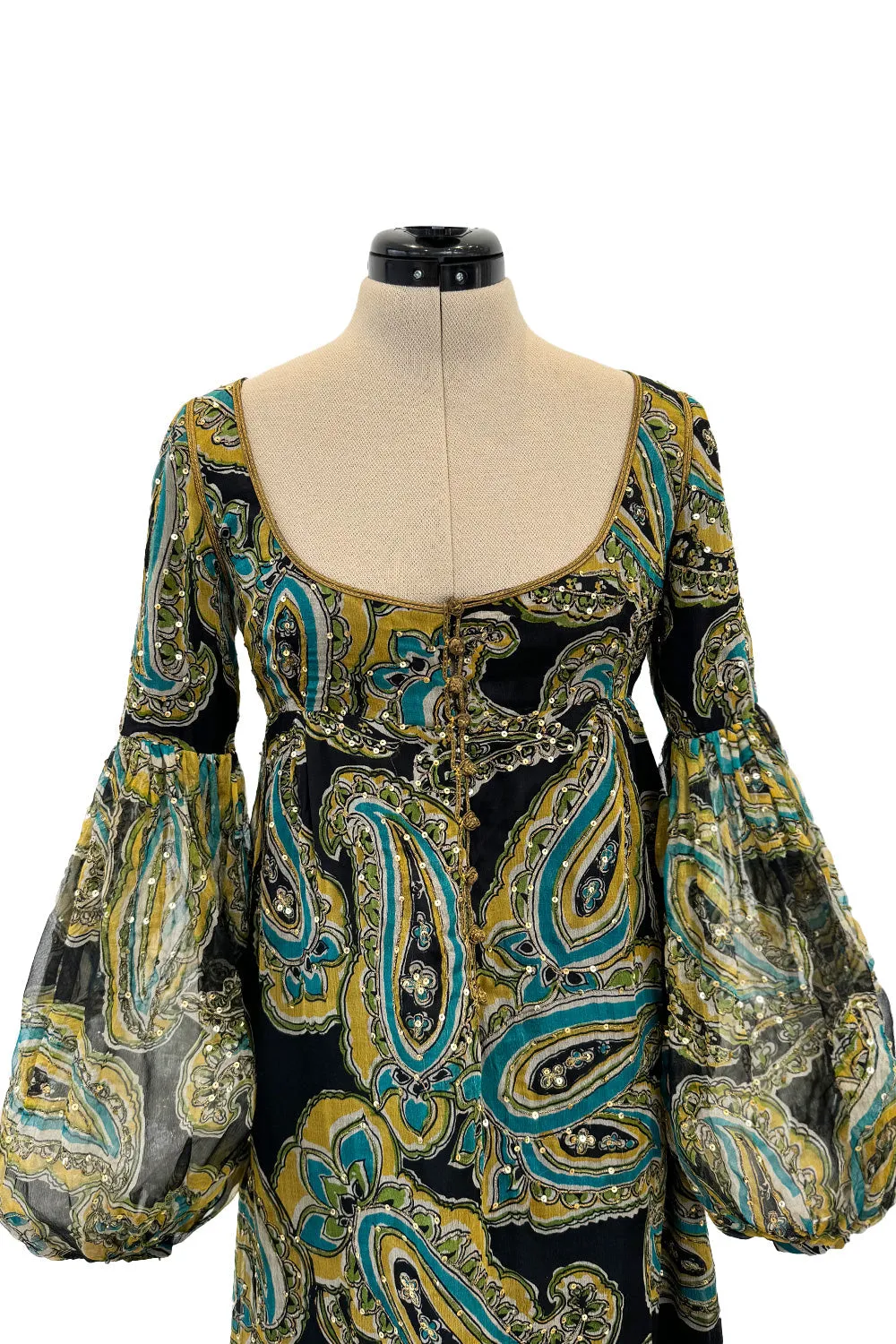 Rare 1960s Thea Porter Couture Printed Silk Chiffon Dress w Gold Sequins & Gold Metal Thread Detailing