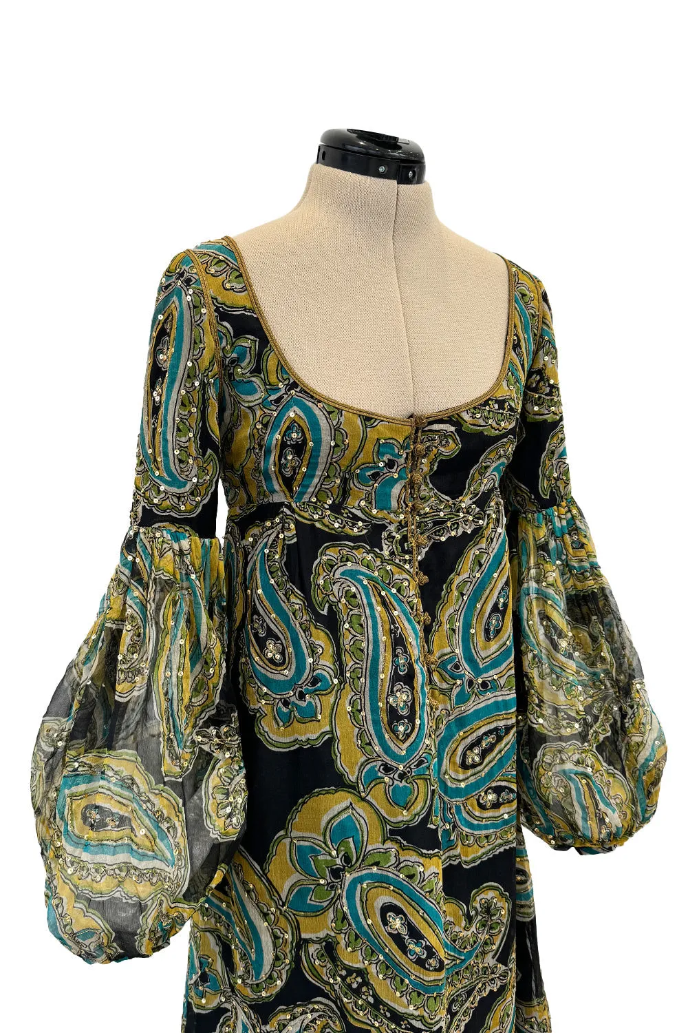 Rare 1960s Thea Porter Couture Printed Silk Chiffon Dress w Gold Sequins & Gold Metal Thread Detailing