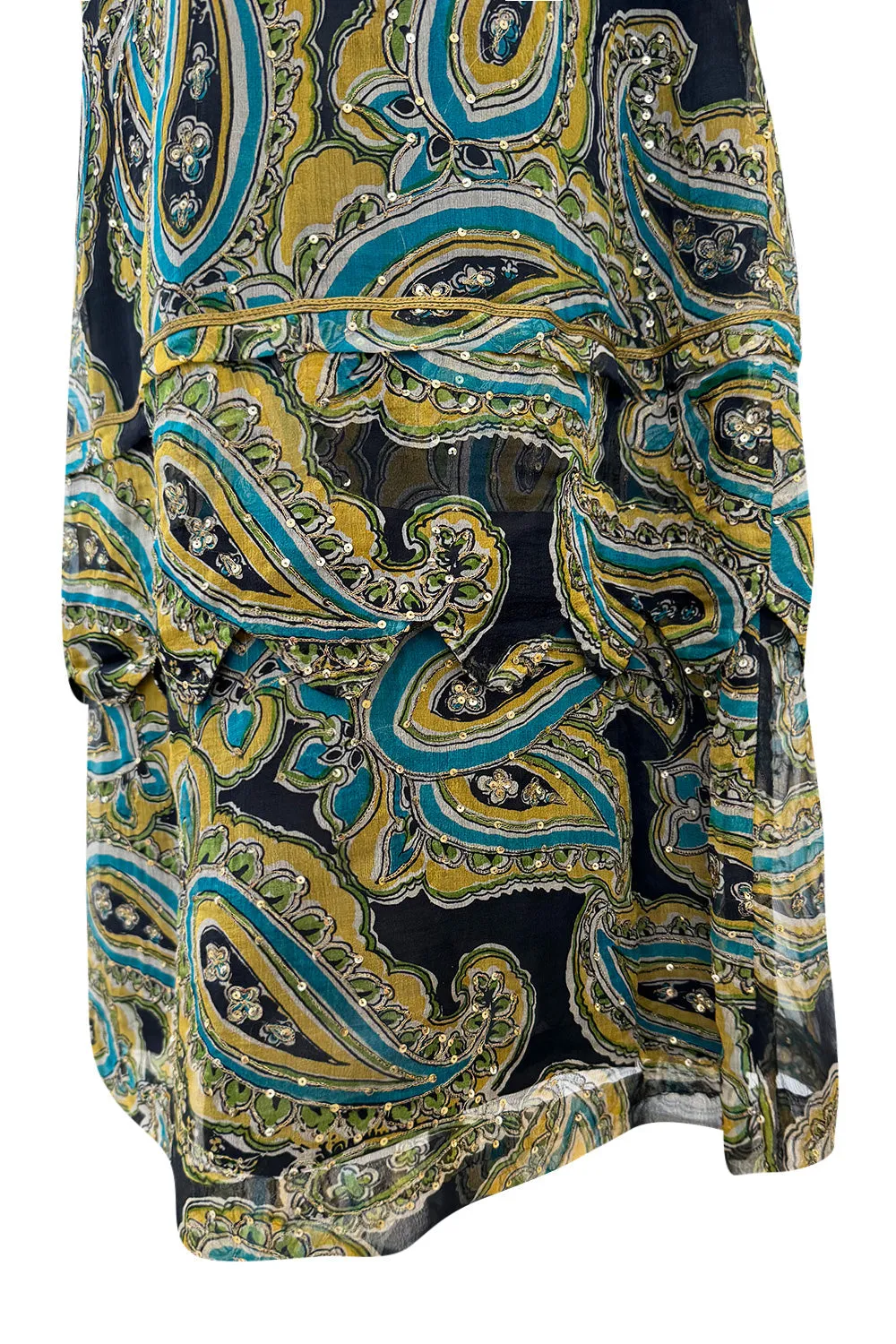 Rare 1960s Thea Porter Couture Printed Silk Chiffon Dress w Gold Sequins & Gold Metal Thread Detailing