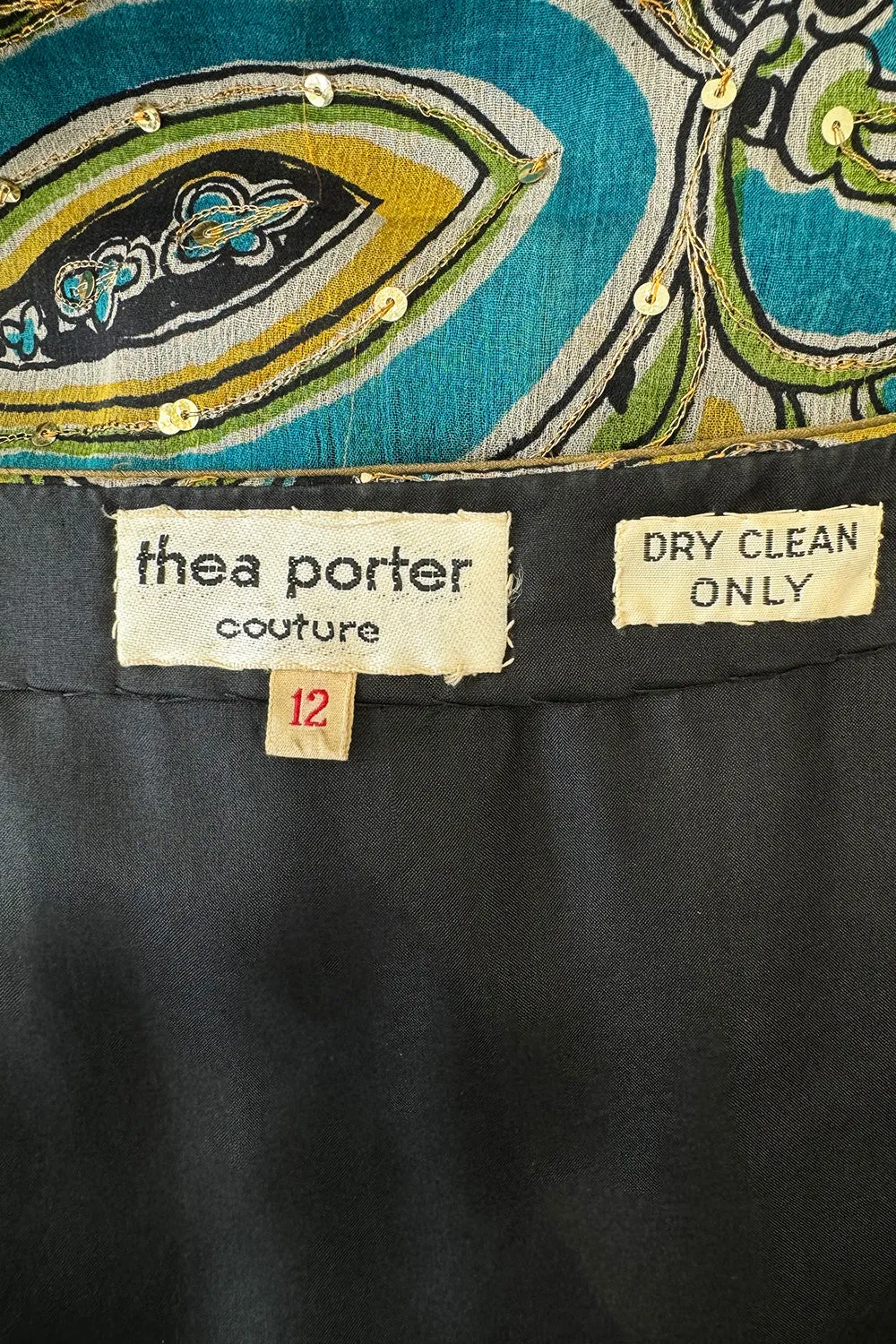 Rare 1960s Thea Porter Couture Printed Silk Chiffon Dress w Gold Sequins & Gold Metal Thread Detailing