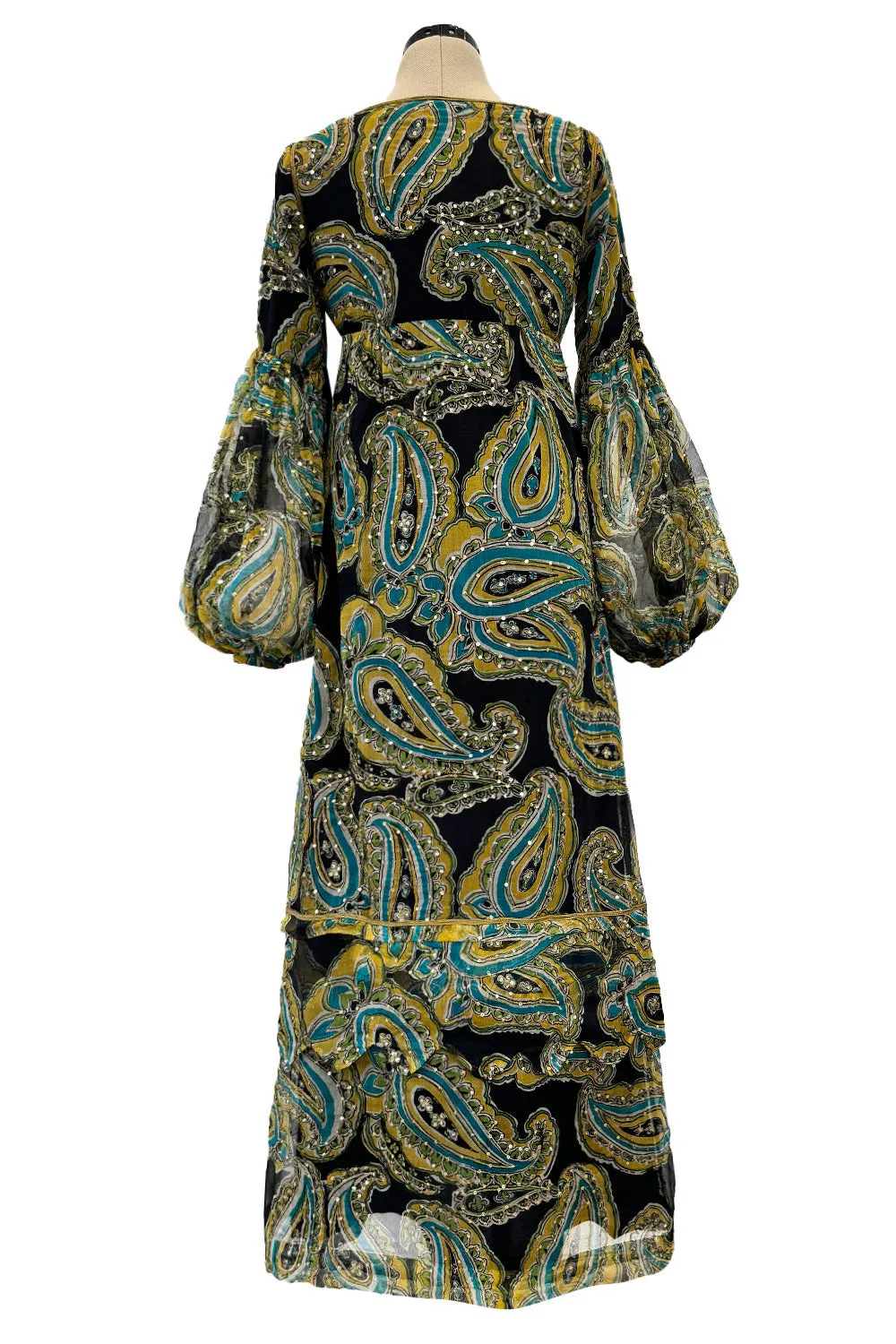 Rare 1960s Thea Porter Couture Printed Silk Chiffon Dress w Gold Sequins & Gold Metal Thread Detailing
