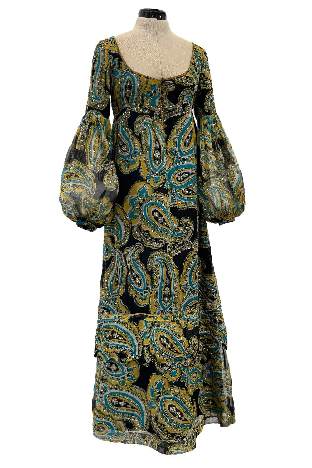 Rare 1960s Thea Porter Couture Printed Silk Chiffon Dress w Gold Sequins & Gold Metal Thread Detailing
