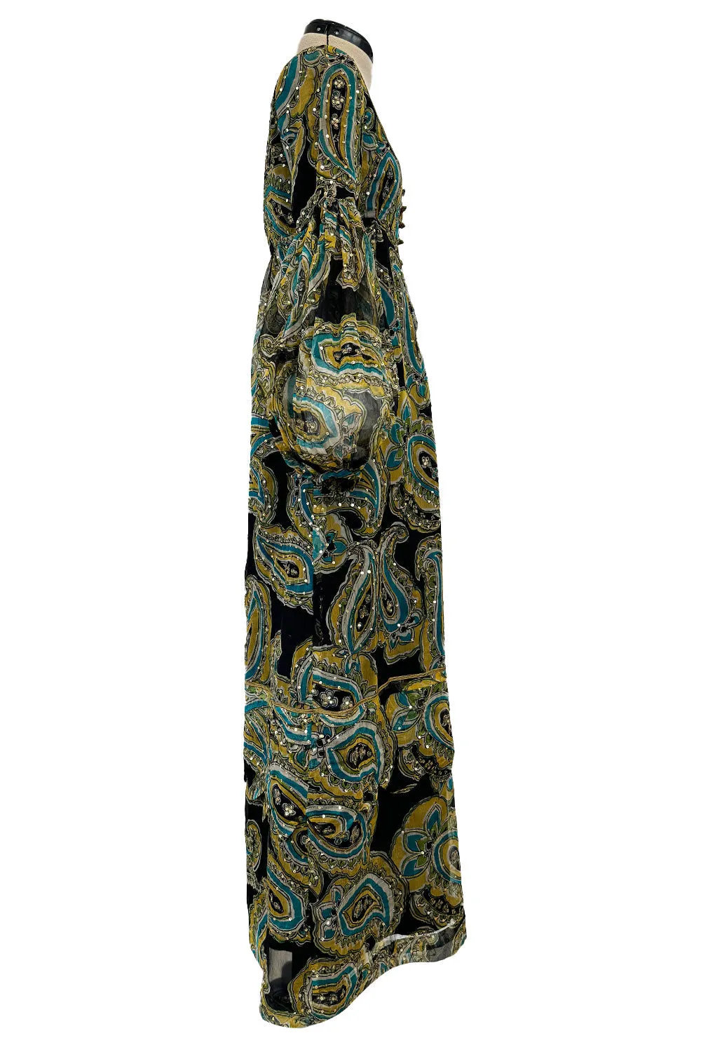 Rare 1960s Thea Porter Couture Printed Silk Chiffon Dress w Gold Sequins & Gold Metal Thread Detailing