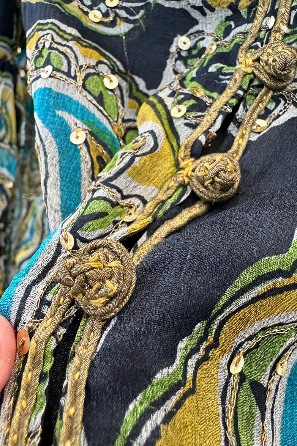Rare 1960s Thea Porter Couture Printed Silk Chiffon Dress w Gold Sequins & Gold Metal Thread Detailing