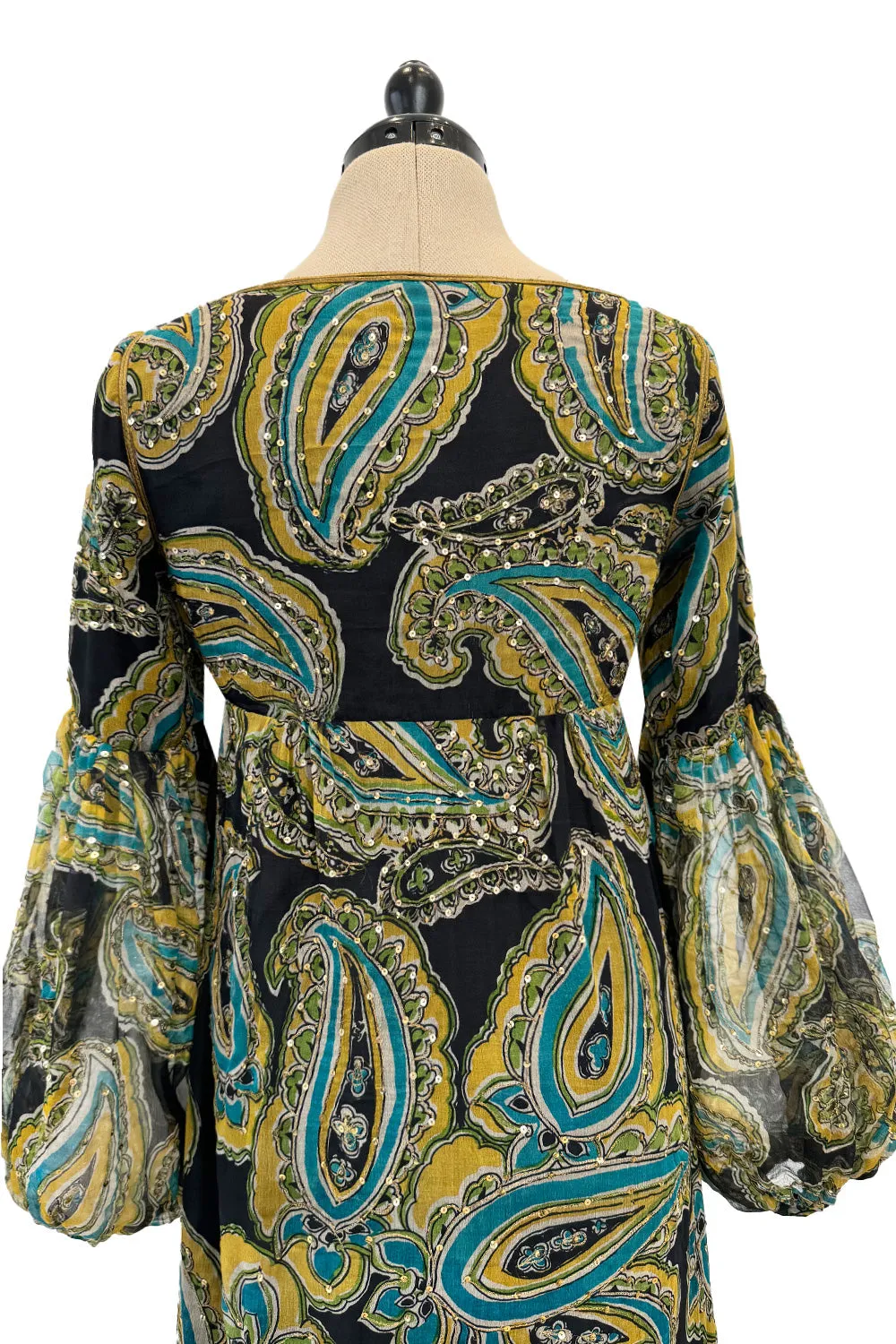 Rare 1960s Thea Porter Couture Printed Silk Chiffon Dress w Gold Sequins & Gold Metal Thread Detailing