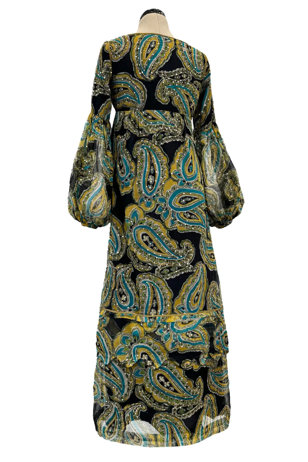 Rare 1960s Thea Porter Couture Printed Silk Chiffon Dress w Gold Sequins & Gold Metal Thread Detailing