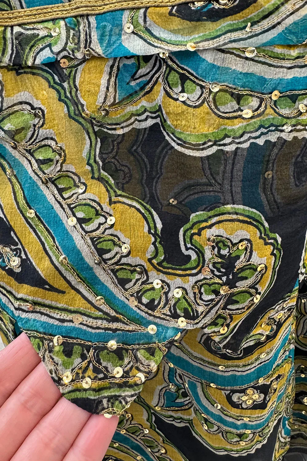 Rare 1960s Thea Porter Couture Printed Silk Chiffon Dress w Gold Sequins & Gold Metal Thread Detailing