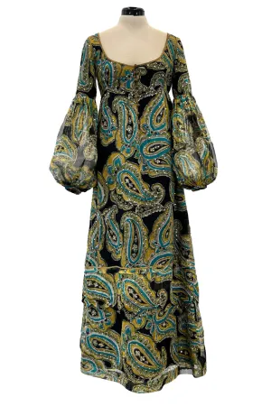Rare 1960s Thea Porter Couture Printed Silk Chiffon Dress w Gold Sequins & Gold Metal Thread Detailing