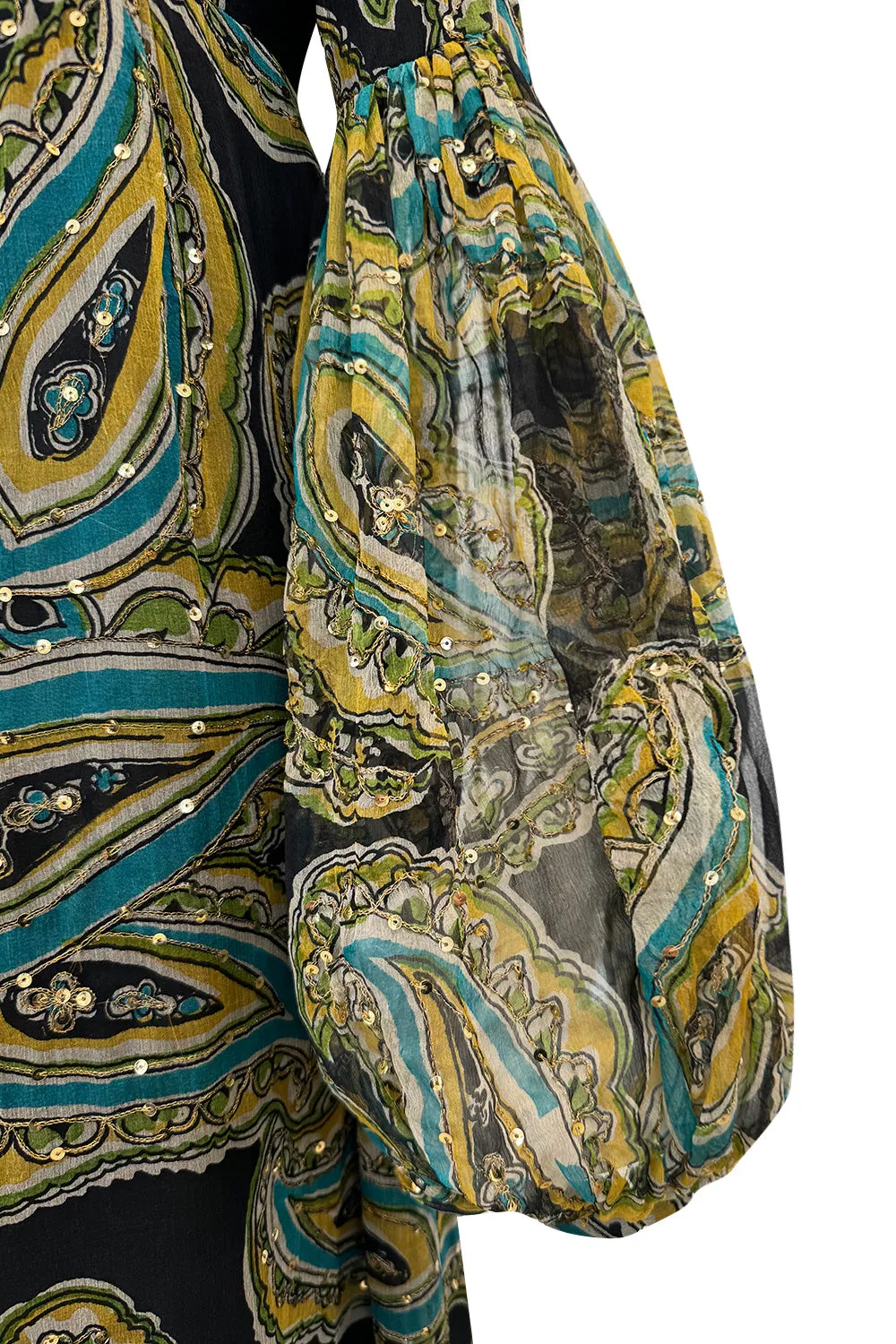 Rare 1960s Thea Porter Couture Printed Silk Chiffon Dress w Gold Sequins & Gold Metal Thread Detailing