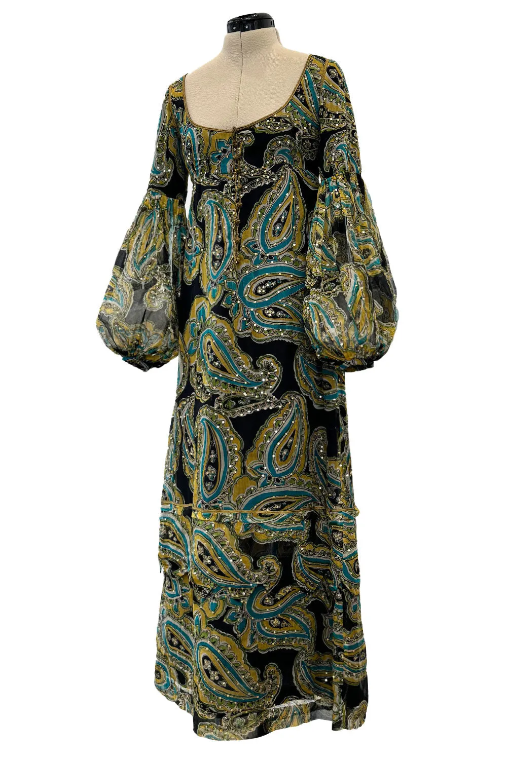 Rare 1960s Thea Porter Couture Printed Silk Chiffon Dress w Gold Sequins & Gold Metal Thread Detailing