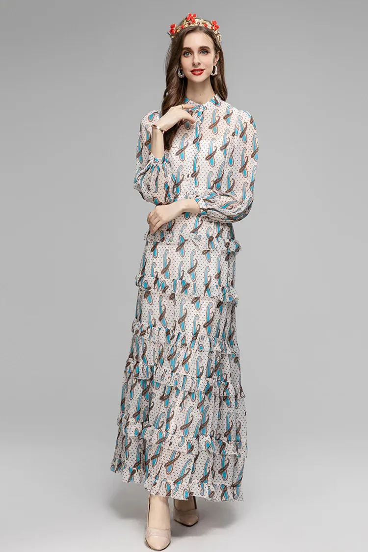 Raya Women's Stand Collar Cascading Ruffles High Waist Slim Long Dress