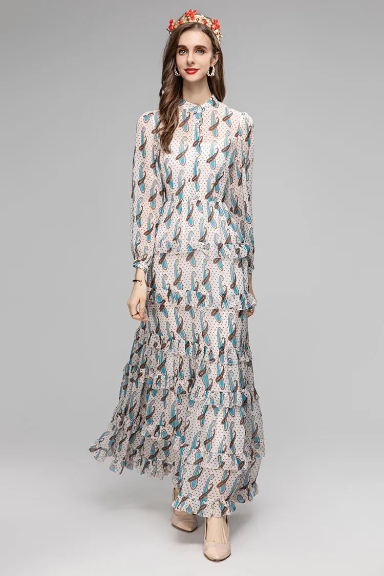 Raya Women's Stand Collar Cascading Ruffles High Waist Slim Long Dress